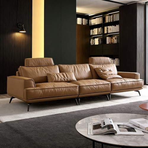 Italiensk ljus lyxig enkel ljusbrun lädersoffa, rymlig och mjuk soffa med massiv träram, modern stor storlek, lämplig för vardagsrum/kontor/lägenhet.