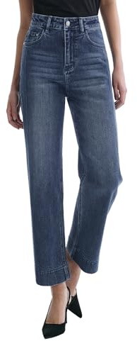 SGIVL Jeans for Women Straight Leg High Rise Casual Wide Leg Stretchy Ankle Length Denim Pants Zipper Slim Fit Trendy Navy Blue 6