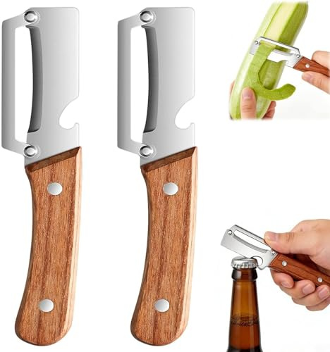 2 Pack 2 in 1 Multifunctional Vegetable Peeler with Bottle Opener, Zero Snag Wooden Peeler, Stainless Steel Peeler with Wooden Handle for Kitchen, Potato, Fruit, Pumpkin
