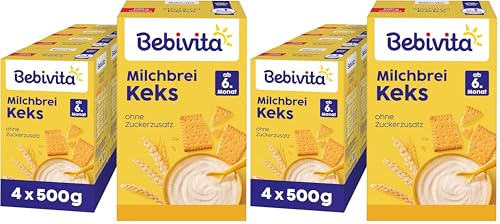 Bebivita Milchbrei Keks (4x500g), Babybrei ab 6. Monat, ohne Zuckerzusatz, mit wertvollen Mineralstoffen und Vitaminen, gut sättigend (Packung mit 2)