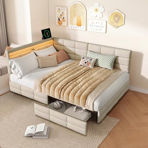 Polsterbett Schlafsofa 140x200,Doppelbett mit Hydraulischem Stauraum mit 2 Schubladen,Polsterbett mit LED-Licht und USB-Ladefunktion,Tagesbett Jugendbett mit Lattenrost,Leinen (Beige-6,140x200)
