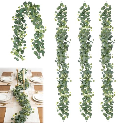 4 Stück Grün Eukalyptus Girlande Künstlich, 1.8m Eukalyptus Deko mit Weiße Blumen, Blätter Girlande für Frühling, Kunstpflanzen Eukalyptusranke für Hochzeitsdeko, Tischdekoration, Garten & Wohnen
