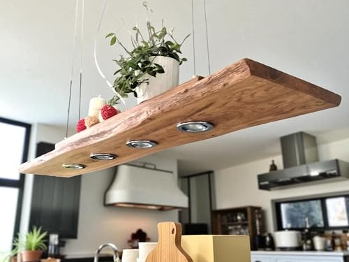 FRIESENLICHT MAYA Esstischlampe Pendelleuchte Unikat Holz Hängelampe Hängeleuchte Led Vintage Set Leuchte Lampe Eiche dunkel geölt Massiv mit Baumkante (180cm) …