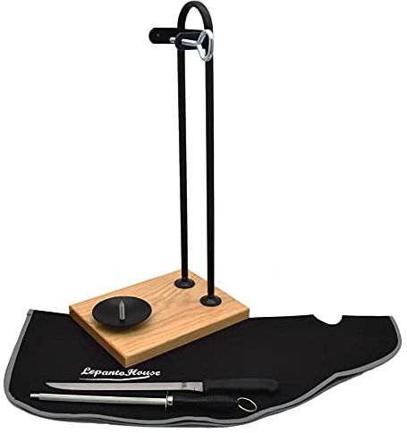 Jamonero Vertical + Set Negro con Base de Madera Soporte jamonero Vertical + Cuchillo jamonero + chaira + Cubre Jamon negro para HOGAR Y RESTAURANTES LepantoHouse