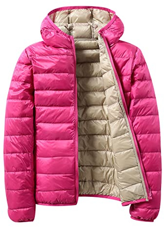 Leichte Daunenjacke Wendejacke Damen Leicht Packbar Puffer Jacke Lightweight Steppjacke Damen Übergangsjacke Leichter Daunenmantel Damen Down Jacket Daunen Women Pufferjacke Kaputze Rosa Khaki 4XL