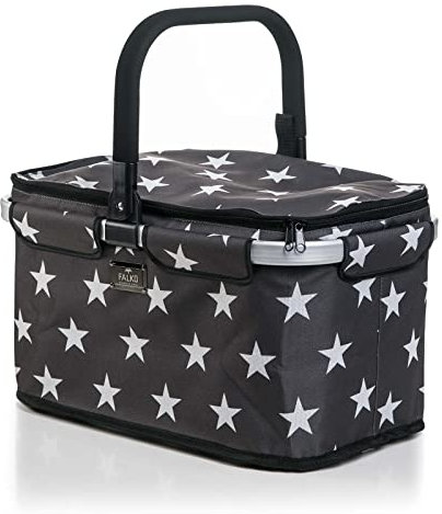 Genius A14361 Einkaufskorb Falko Premium Grau mit weißen Sternen | Einkaufstasche 22l groß, faltbar, mit Deckel | Tragekorb mit Aluminium-Griff für unterwegs, Grau - Weiße Sterne