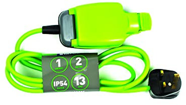 STATUS 1 Socket Extension Lead, 2m, Green, Outdoor Extension Cable, Waterproof, IP54 Rated, 13 Amp Plug, Heavy Duty Socket, Ideal for Garden Power Tools, DIY Use (1W2M13AIP54S6)