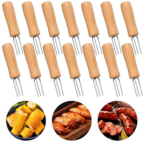 Elesunory Corn Fork - Set of 14 Stainless Steel Corn Cob Holders with Wooden Handle, Beige - Portable, Easy to Clean, BPA Free