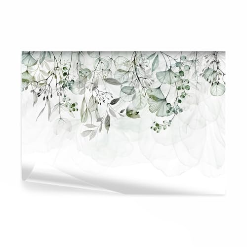 decomonkey Papier Peint Panoramique Adhésif Plantes 343x256 cm Vert gris | Stickers Muraux Salon Chambre Déco XXL Autocollant Murale Bureau, Fleurs feuilles nature plantes vert, blanc