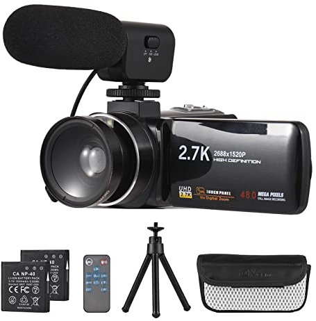 Andoer 2.7K Digital Video Camera Camcorder DV Recorder 48MP 16X Digital Zoom 3.0 Inch IPS Touch Panel with Remote Control Mini Tripod Carry Bag External Microphone 0.45X Wide Angle Macro Lens