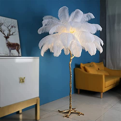NileMAll Lampe en plumes d'autruche, lampadaire en plumes de palmier pour salon, abat-jour en plumes d'autruche blanches LED lampes sur pied pour salon lumières adolescentes