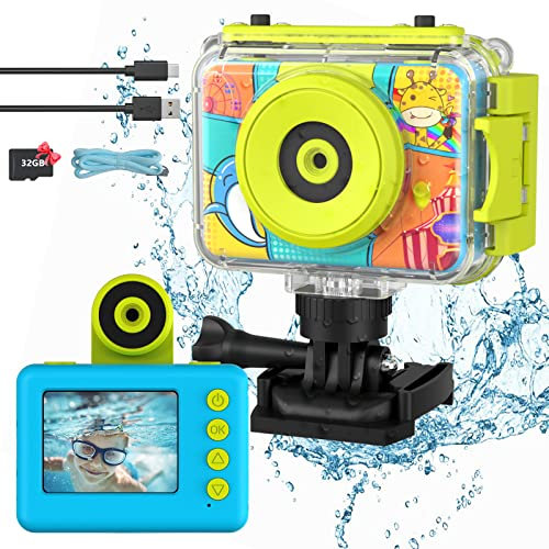 Ushining Appareil Photo Enfant Étanche, 1080P Caméra Vidéo d'action sous-Marine Enfant Appareil Photo Selfie Numérique avec Écran 2,0 Pouces Carte TF 32 Go, Cadeau pour Garçons et Filles 3-12 Ans,Bleu