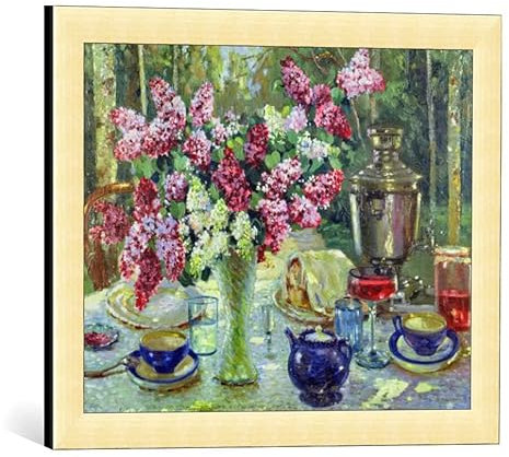 kunst für alle Bild mit Bilder-Rahmen: Russian School Stilleben mit Samowar im Sonnenlicht - dekorativer Kunstdruck, hochwertig gerahmt, 50x40 cm, Gold gebürstet