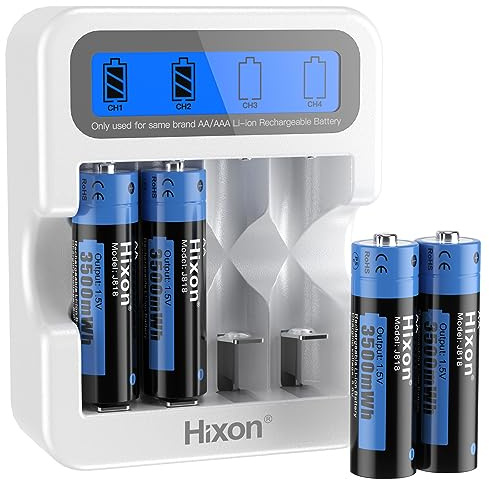 Hixon AA Rechargeable 1.5V Lithium Battery, 4 Pack Li-ion AA Batteries with LCD Charger, 3A High Current Output,3500mWh High Capacity, 1.5V Constant Output,1500 Cycles,Long Lasting