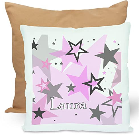 CreaDesign, Kinder Kissen 40x40 cm personalisiert mit Namen, Kinderzimmer Deko Kissen Kinder mit Füllung Federn, Motiv Sterne rosa grau, Rückenfarbe Beige