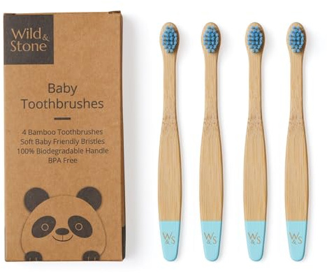 Wild & Stone Organic Baby Bamboo Toothbrushes | 4 Pack | Soft Bristles | 100% Compostable Handle | BPA Free | Vegan Baby Toothbrushes (Baby Blue)