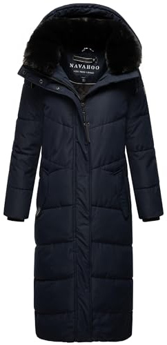 Navahoo Manteau d'hiver chaud matelassé extra long pour femme avec capuche amovible qui attire tous les regards XIV XS-5XL, bleu marine, M