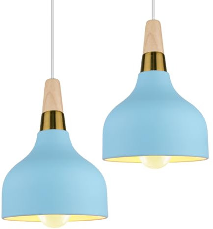 Lampadario a Sospensione Moderno Lampadario da Soffitto Industriale Retro Lampade a sospensione Metallo e Legno Lampadario E27 per Cucina Sala da Pranzo Cucina Caffè (Azzurro-2 pezzi)