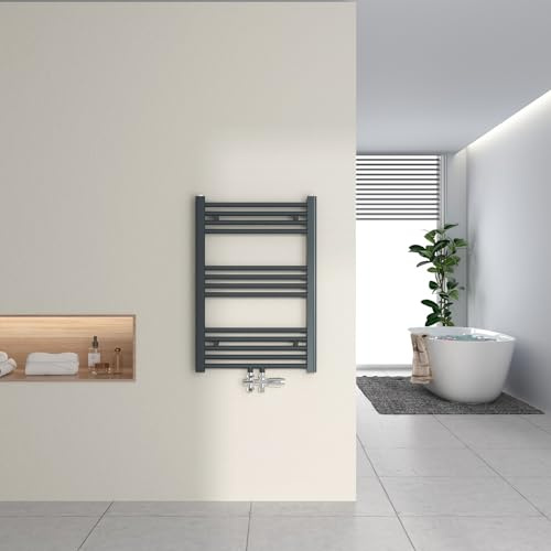 Heilmetz Scaldasalviette Bagno ad Acqua 700x500mm, Termoarredo Bagno, Termosifoni Moderni Acciaio, Scalda Asciugamani da Parete 1/2, Attacco Centrale, Interasse 50, Termosifoni Verticali, Bianco