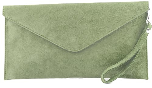 modamoda de T106 Damen Wildleder Rauleder Clutch Umhängetasche Abendtasche handmade in Italy, Farbe:Graugrün