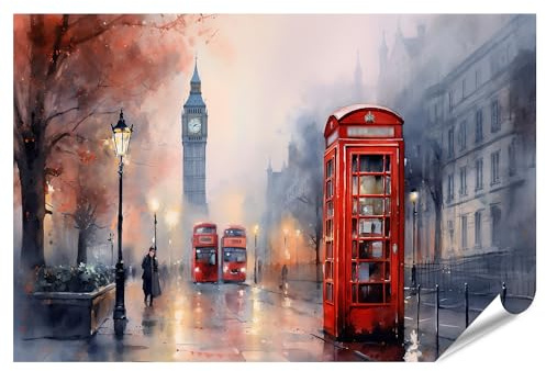 islandburner Prime Bild Poster Klassisches London Gemälde: Rote Telefonzelle und Bus Premium Bilder Fotodruck