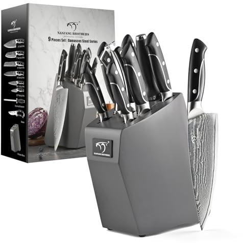 NANFANG BROTHERS Messerset mit Block 9 Küchenmesser und Damast-Edelstahl (Schälen, Gebrauchsmesser, Schnitzen, Brot, Chefkoch), Griffe im japanischen Stil, Grey