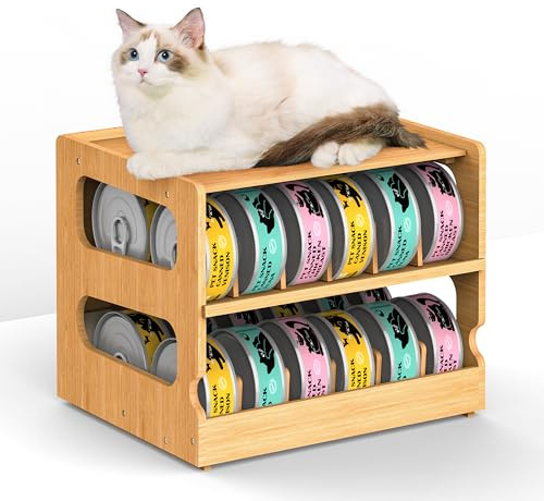 Teamkio Can Organizer for Pantry, Bamboo Pantry Organizer, 2 Tier Stackable Can Storage Rack Ideal for 36 Human and Pet Food Cans(FIFO), TK-ZZGTJ-1P34