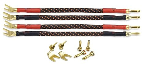 Dynavox Bi-Wire Kabelbrücken 2x rot / 2x schwarz, Reines Kupfer (99,99 OFC), wechselbare Bananenstecker/Gabelschuhe, 4er-Set