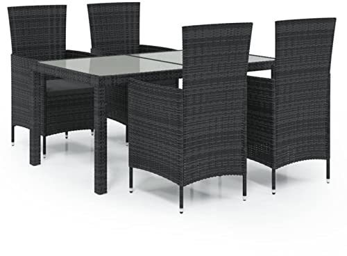 Tidyard 5-TLG. Garten-Essgruppe mit Kissen Gartenmöbel Set Gartentisch mit Stühlen Sitzgruppe Garten Sitzgarnitur Balkonmöbel Terrassenmöbel Gartenlounge für 4 Personen Gartengarnitur Rattan Schwarz