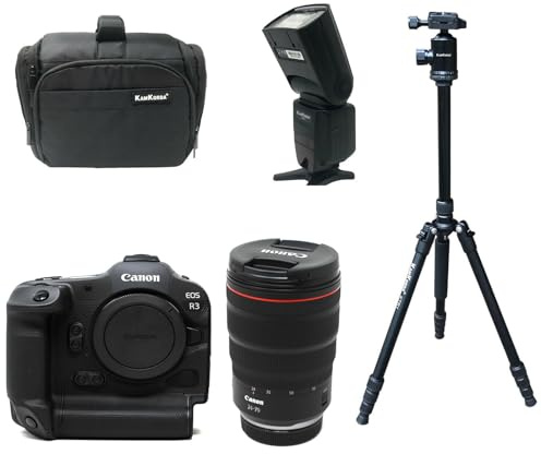 KamKorda Camera Bag + Flash + Tripod + R3 Mirrorless Digital Camera + RF 24-70mm f/2.8L IS USM, 24MP Full Frame CMOS Sensor, DIGIC X Image Processor, 6K60 Raw 4K120 10Bit Video + 2 Year Warranty