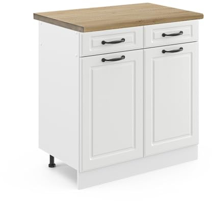 Vicco Küchenunterschrank R-Line, Weiß Landhaus, 80 cm | MDF-Front · AP Eiche inkl. · Höhenverstellbare Füße · Metallgriffe · ✓ Leichter Zugriff