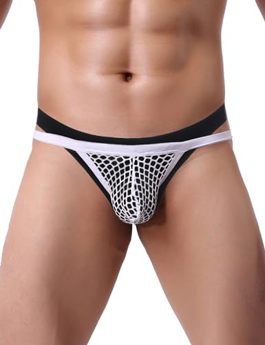 ohmydear String - Tanga sexy para hombre, de encaje, de malla, transpirable, erótica, braguitas suaves, G-String de cintura baja T-Back Bikini Fishnet