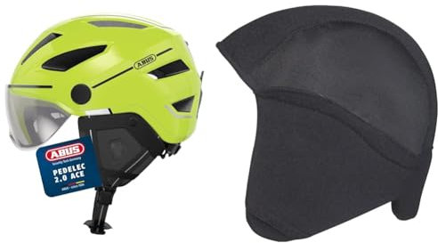 ABUS Stadthelm Pedelec 2.0 ACE - Fahrradhelm mit Rücklicht, Visier, Regenhaube, Ohrenschutz - für Damen und Herren - Gelb Glänzend, Größe M​ & Winter Kit Fahrradhelm, Schwarz (Black), M