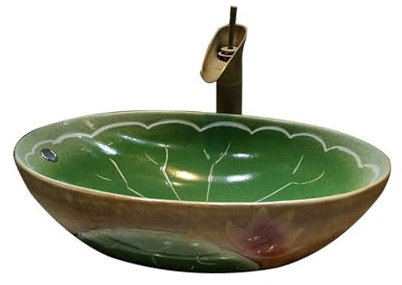 Lavabo Lavabo da appoggio vintage in ceramica artistica Lavabo ovale in foglia di loto antico Lavabo da bagno squisito con accessori Lavabo Bagno