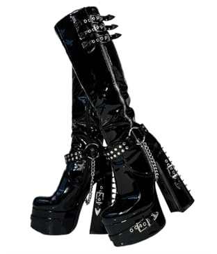 Frankie Hsu Goth Sexy Chunky Plateau-Stiefel, kniehohe Absätze, schwarze Lack-Silberkette, Nieten, Ringschnalle, Gothic, Punk, Y2K, Hot Girl, große Größe, breite Wadenschuhe für Damen und Herren