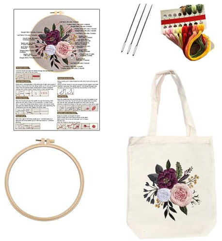 KUAIYIJU Nähset, Tasche mit Tragegriff und Blumenmuster, handgefertigte Leinentasche, Stickerei-Starter-Set für Damen