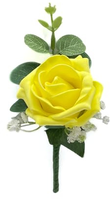 Artificial Wedding Flowers Hand-made by Petals Polly, Yellow Single Foam Rose Buttonhole with Eucalyptus & Gypsophila