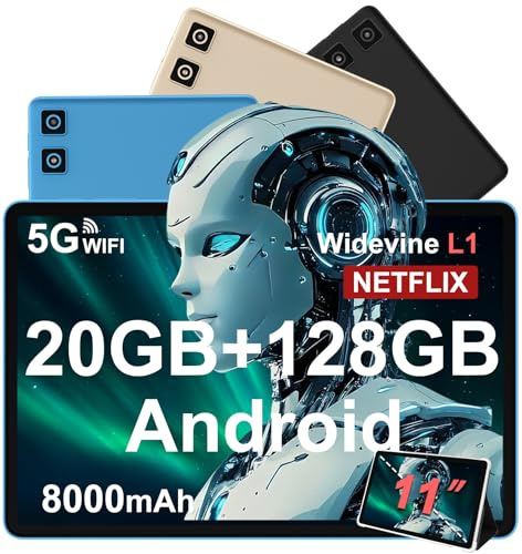 Tablet 11 Pulgadas Android 14 con 8000 mAh + Carga Rápida 18W, 13MP + 5MP, 20GB RAM + 128GB ROM (Ampliable a 1TB), Tablets con Widevine L1, 5G Wi-Fi, GPS, 8 Cores 2.0 GHz, Face ID, Bluetooth 5.0, Azul