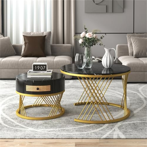 Rundes Couchtisch Kombinationsset Couchtisch Mit Marmormuster Und Rattanschubladen Mit Goldenen Eisenbeinen Geeignet Für Den Einsatz Im Wohnzimmer Und Auf Dem Balkon(Color:Schwarzer Couchtisch)