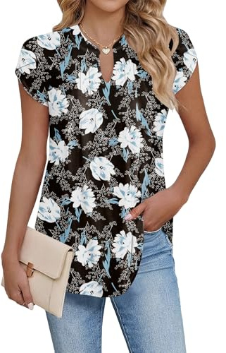 Cuptacc Tee Shirt Femme Manche Courte Col en V Chemisier Chic et Élégant | Ete,Chic,Elegant,Manches Pétale,Plissée,Décontractée,Couleur Unie,Fleurs,Mode,Grande Taille,Ample,Basique