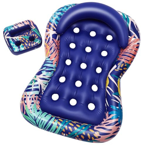 HeySplash Pool Lounger Float for Adult, Hawaii Style Inflatable Pool Floats Bed with Detachable Cupholder Caddy, 73*50 XL Cooling Contour Lounger Rafts, Water Rafts for Lake, Outdoor Beach Pool Party
