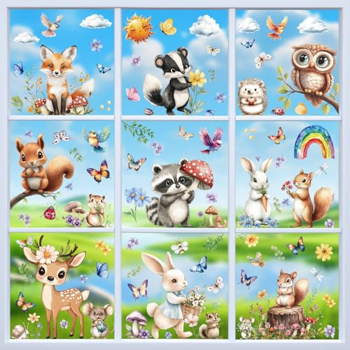 KIKISML 99 Stück Frühlings-Fensteraufkleber, 9 Blatt Frühlingstiere, Fensteraufkleber mit niedlichem Fuchs, Kaninchen, Eichhörnchen, Igel, Eule, Hirsch für Zuhause, Schule, Büro, Party, Dekoration