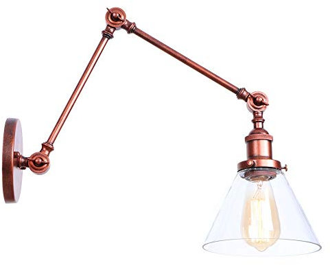 Wall Lamps Sconces Rust Wall Sconce Light Industrial Wall Lamp with 8.5 cm Cone Glass Canopy for Kitchen Bathroom Corridor, Long Arm Wall Light Adjustable Swing Arm Lighting Fixture Indoor and Outdoor
