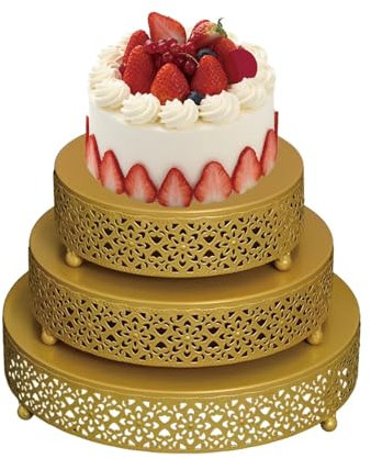 DYUEE Juego de 3 soportes redondos de metal para tartas, soporte de exhibición de postres, soporte decorativo para tartas, platos de pastelería para bodas, eventos, fiestas de cumpleaños (dorado)