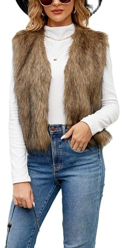 SANSIWU Women Faux Fur Vest Coat Y2K Sleeveless Solid Color Open Front Outwear Gilet Casual Short Vest Jacket Coat (Yellow, L)