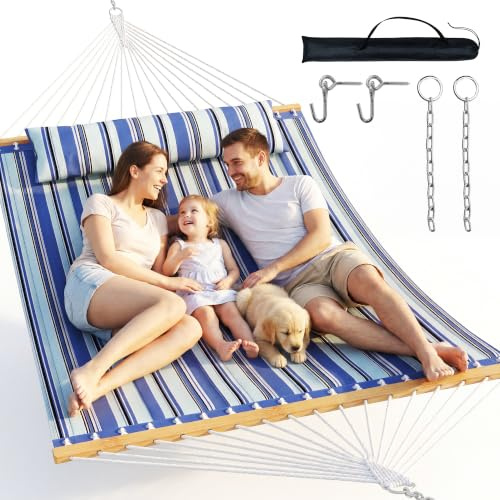 Everyfun 2 Person Quilted Hammock with Spreader Bar, 500lbs Capacity, Blue | Flat patio tree hammock with detachable pillow & chains. No stand; ideal for outdoor backyard & camping relaxation.