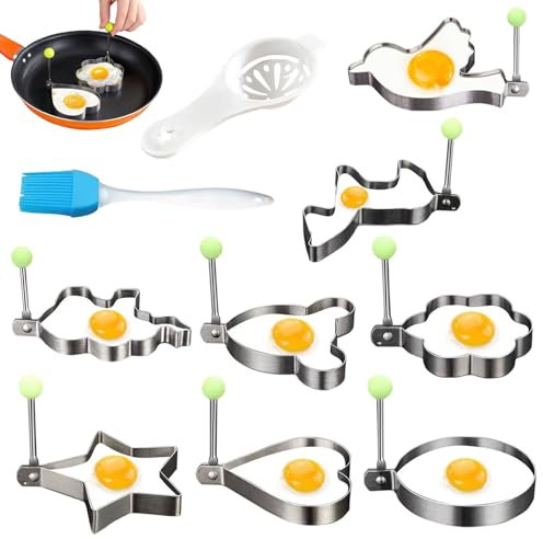 Stainless Steel Egg Cooking Rings, 8 PCS Fried Egg Shaper Pancake Mold with Grease Brush and Separator, Non-Stick Coating Egg Frying Rings for Omelettes Pancakes and Buns