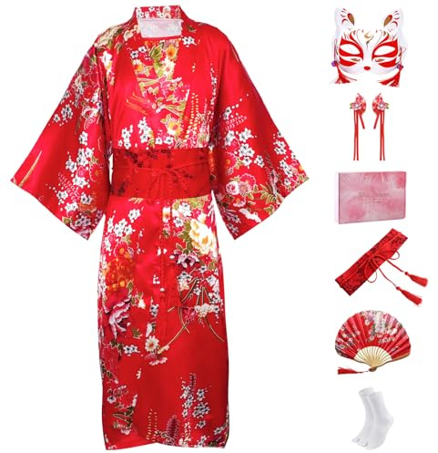 CRFASIBE Kimono för barn, japansk traditionell rock, barn, Yukata, flickor, cosplay, kostymset med tillbehör, kulturella festivaler klänning, Röd, 150