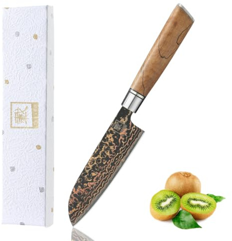 zayiko BlackMagma Damastmesser Santoku 12 cm, Damaststahl, Ahornholzgriff | 33 Lagen mit VG10 Stahlkern, Kupfer-Bronze-Einlage, dunkles Klingenfinish, 15° V-Schliff beidseitig, 60 ± 2 HRC, Geschenkbox.
