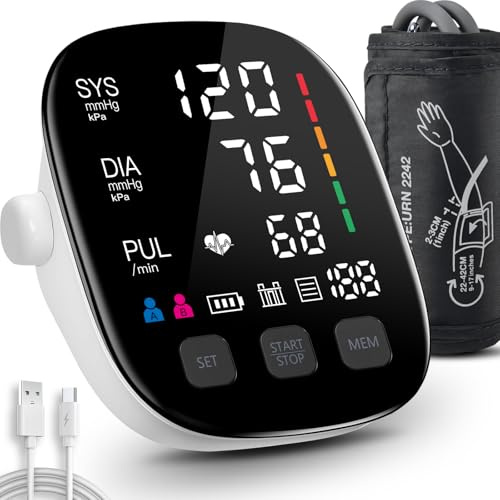 Axets® Blutdruckmessgerät Oberarm mit Großes LED-Farbdisplay, Arrhythmie-Erkennung & Pulsmessung & Risikoindikator, 2×199 Speicherplätze, USB-Schnittstelle, Manschette 22-42 cm